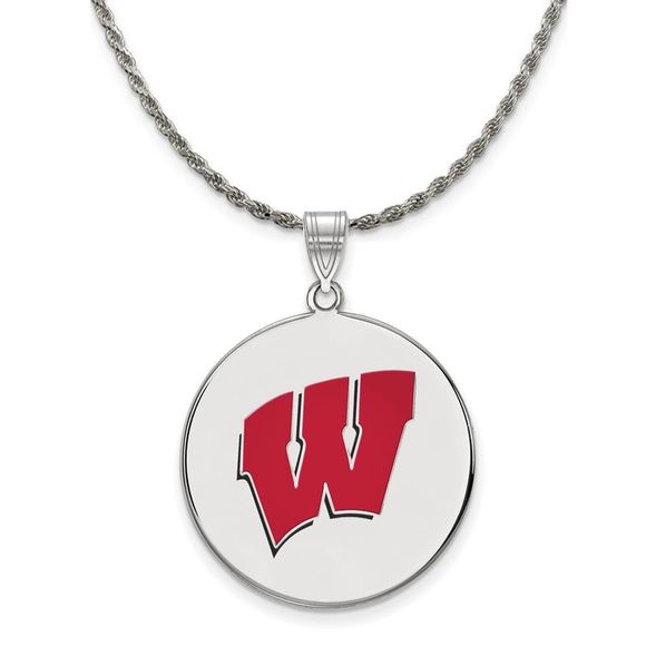 Sterling Silver U. of Wisconsin XL Enamel 'W' Disc Necklace - 18 Inch